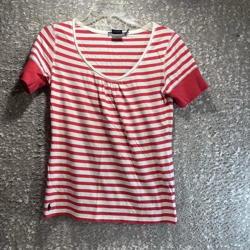 RALPH LAUREN Sport Pink White Striped Short Sleeve Shirt Top Pullover M Preppy